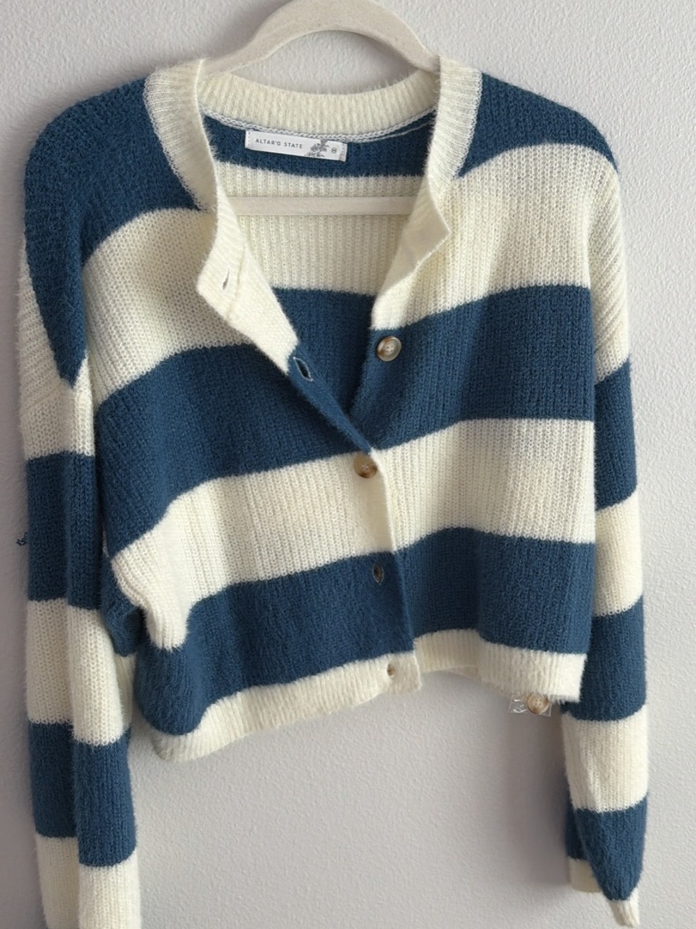 Altar'd State Navy Blue and Cream Striped Cropped Button Cardigan